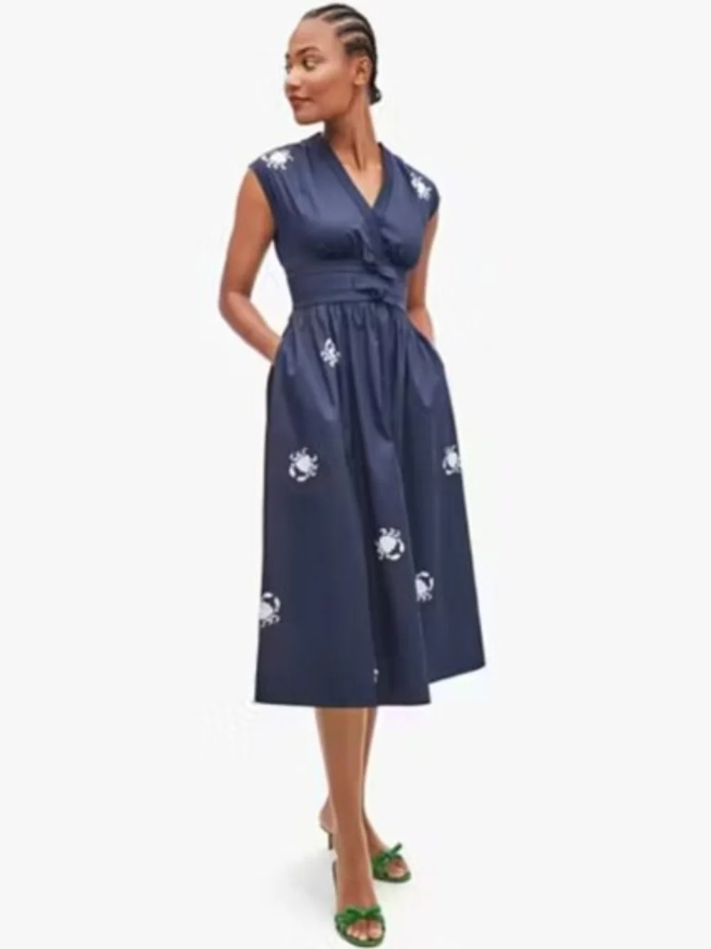 Kate Spade NY Snappy Poplin Crab Print Dress Womens Sz 0 Navy Blue Nautical Midi